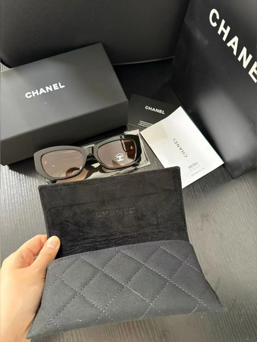 CHANEL Black Frame Sunglasses with Brown Gradient Lenses